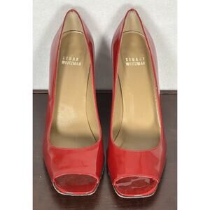 Stuart Weitzman Red Patent Leather Open Toe Heels Sz 9.5